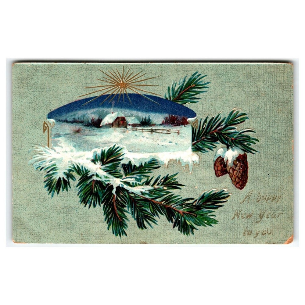 Raphael Tuck 1907 Embossed New Year Postcard Winter Scene Ohio Postmark